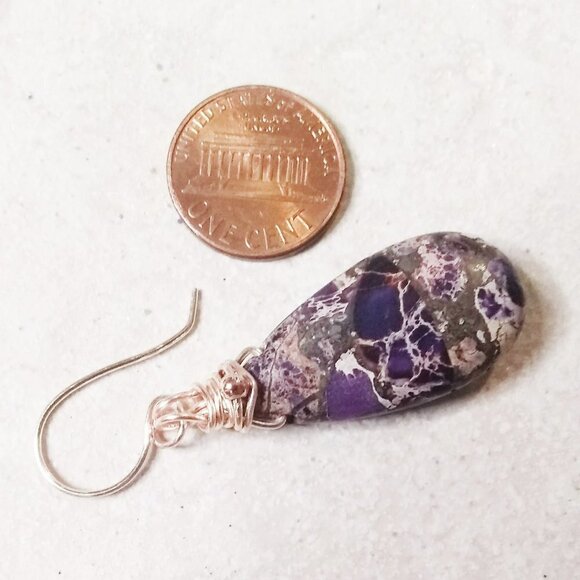 Purple & Plum Sea Sediment Jasper Teardrop + Rose Gold ~ Bold Dangle Earrings - Picture 6 of 12